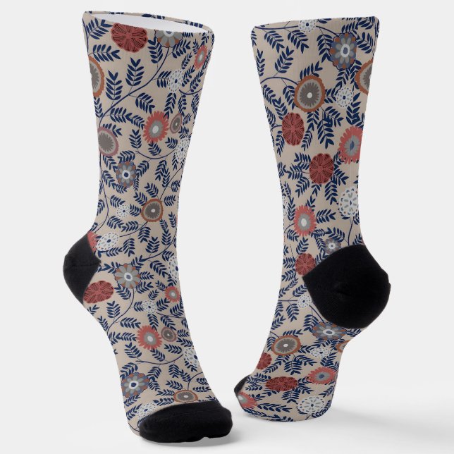 Blaue Socken im Vintage-Stil mit botanischem Muste (Gewinkelt)