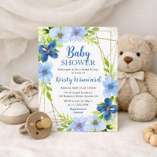 Blaue Sommerblumen und goldener Rahmen - Babyparty Einladung