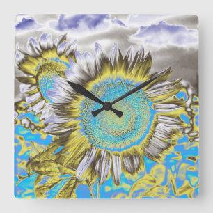 Blaue Sonnenblume 2 Quadratische Wanduhr