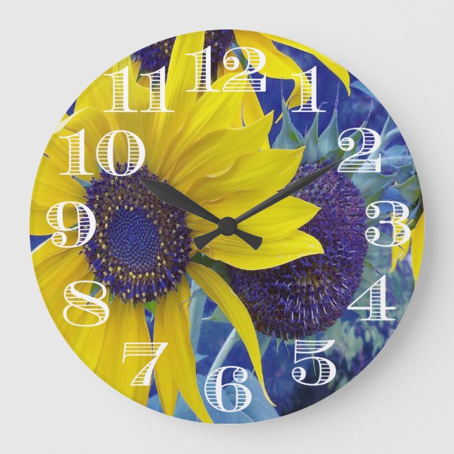 Blaue Sonnenblume-Entwurfs-Uhr Große Wanduhr (Vorderseite)
