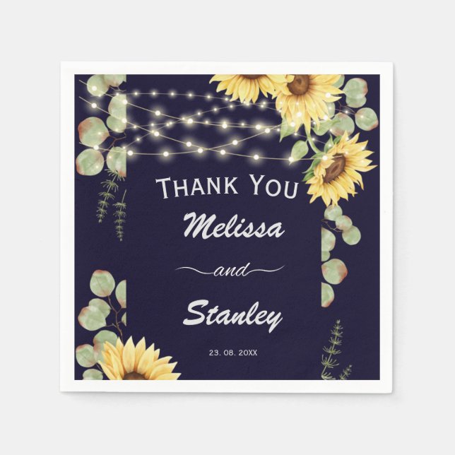 Blaue Sonnenblume Eukalyptus String Lights Hochzei Serviette (Vorderseite)