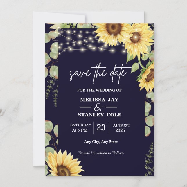 Blaue Sonnenblume Eukalyptus String Lights Save The Date (Vorderseite)