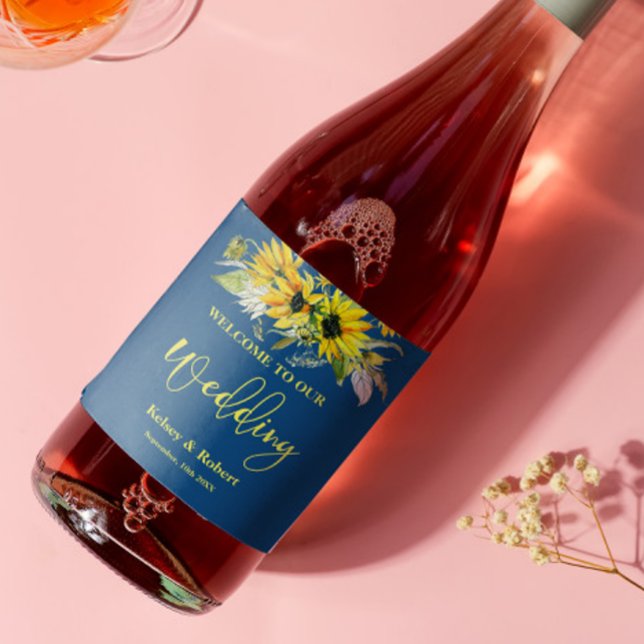 Blaue Sonnenblume Hochzeitsweinmarke Weinetikett (Von Creator hochgeladen)