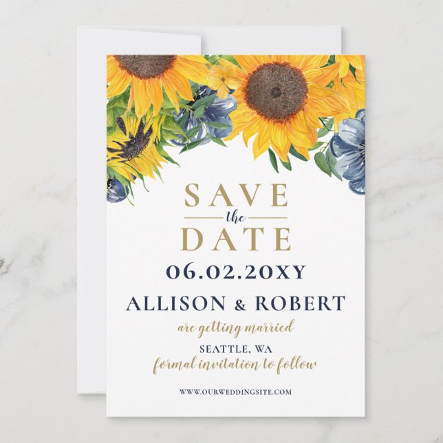 Blaue Sonnenblume Wasserfarbe Hochzeit rustikal Save The Date (Vorderseite)