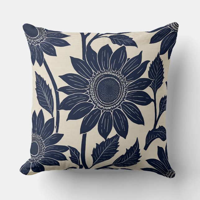 Blaue Sonnenblumen - Blockdruckweise Kissen (Vorderseite)