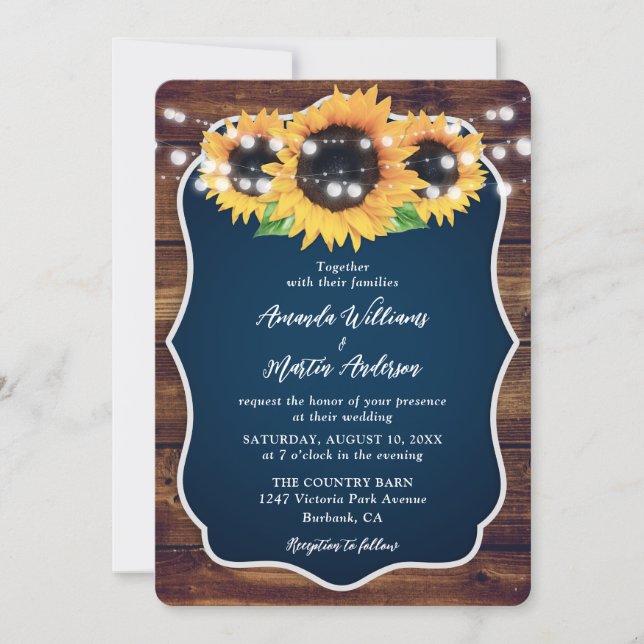 Blaue Sonnenblumen-Rustikal-Hochzeit Einladung (Vorderseite)
