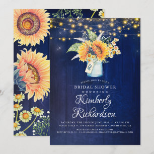 Blaue Sonnenblumen Rustikale Herbst-Brautparty Einladung