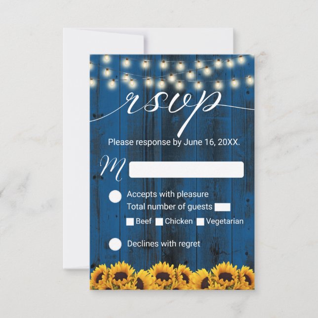 Blaue Sonnenblumen Rustikale Hochzeit RSVP (Vorderseite)