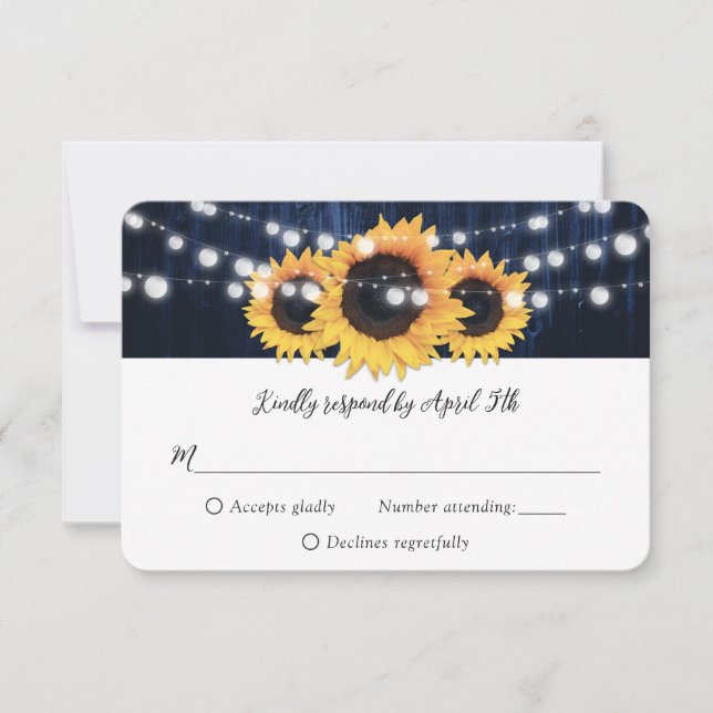 Blaue Sonnenblumen-Schnürblume-Hochzeit RSVP Karte (Vorderseite)