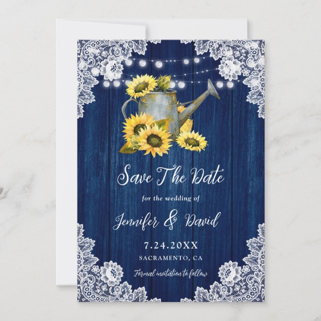Blaue Sonnenblumenblume, Holzwasser kann Hochzeit  Save The Date (Vorderseite)