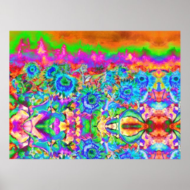 Blaue Sonnenblumenfelder für immer, abstrakte Blum Poster (Vorne)
