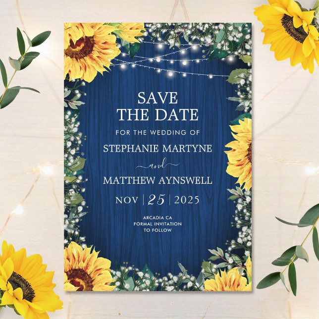 Blaue Sonnenblumenleuchten Rustikale Hochzeit Save The Date (Von Creator hochgeladen)