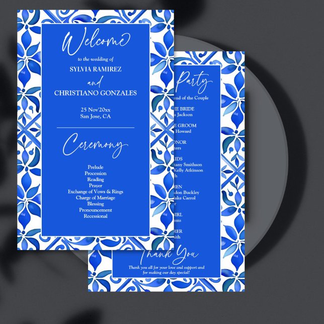 Blaue spanische Talavera-Fliesen Hochzeitsprogramm (Blue Talavera Spanish tiles vintage Mexican wedding program personalized wedding stationery )