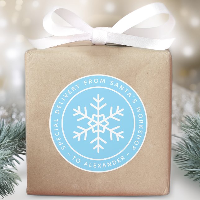 Blaue Speziallieferung vom Weihnachtsmann an Name  Runder Aufkleber (Von Creator hochgeladen)