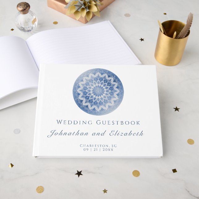 Blaue Spitzen-Mandala-Hochzeit Gästebuch (Vorderseite Offen)