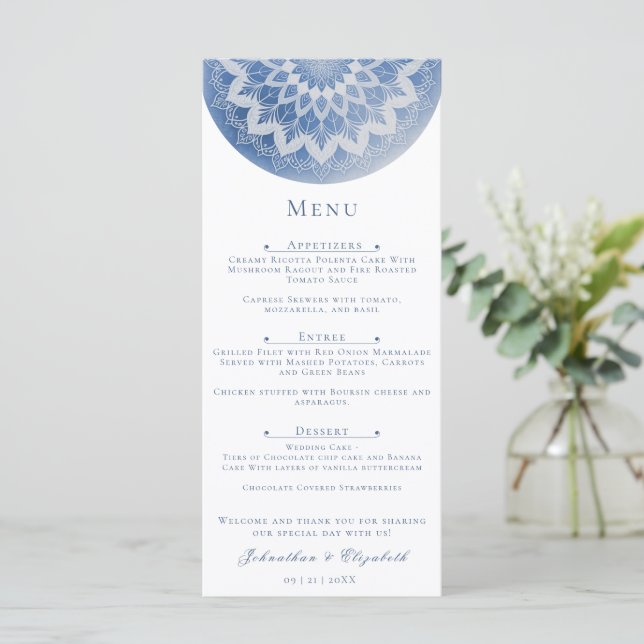 Blaue Spitzen-Mandala-Hochzeit Menükarte (Stehend Vorderseite)