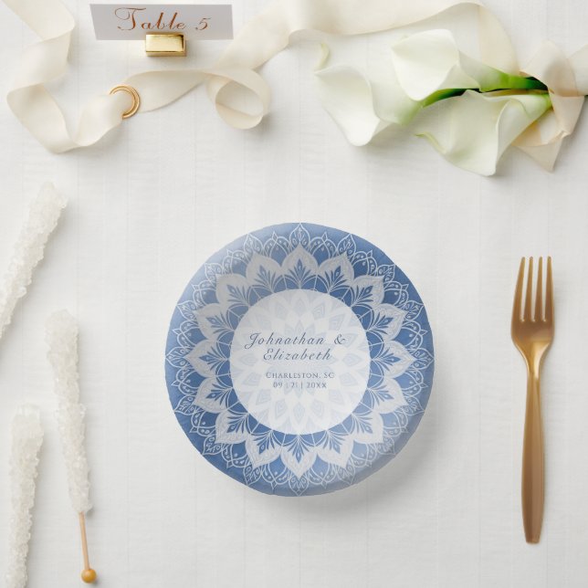 Blaue Spitzen-Mandala-Hochzeit Pappteller (Hochzeit)