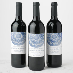 Blaue Spitzen-Mandala Hochzeits-Wein Etikett