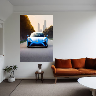 Blaue Sportwagen auf der Straße   AI Art Poster
