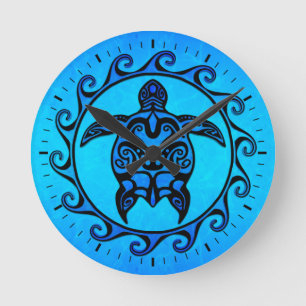 Blaue Stammes- Schildkröte Sun Runde Wanduhr