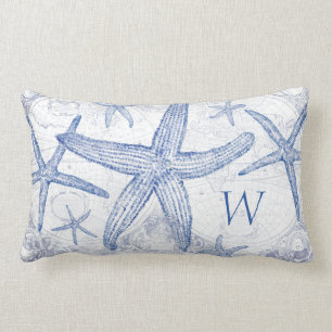Blaue Starfish-Küstenkarten-mit Monogramm Initial Lendenkissen
