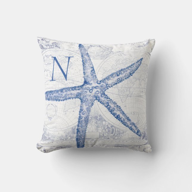 Blaue Starfish-Küstenkarten-mit Monogramm Initiale Kissen (Vorderseite)