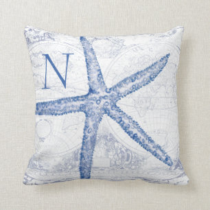 Blaue Starfish-Küstenkarten-mit Monogramm Initiale Kissen