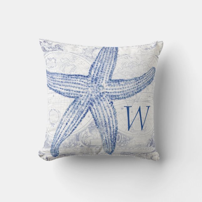 Blaue Starfish-Küstenkarten-mit Monogramm Initiale Kissen (Vorderseite)