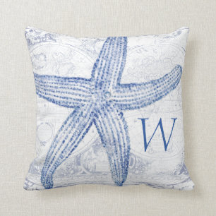 Blaue Starfish-Küstenkarten-mit Monogramm Initiale Kissen
