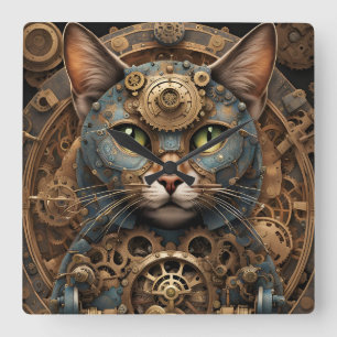 Blaue Steampatze Katzenkatze AI Art Square Wall Cl Quadratische Wanduhr
