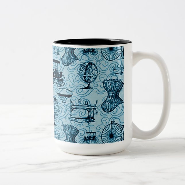 Blaue Steampunk Pattern Kaffeemaschine Tasse (Rechts)