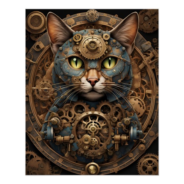 Blaue Steampunkatze KI-Kunstposter Poster (Vorderseite)