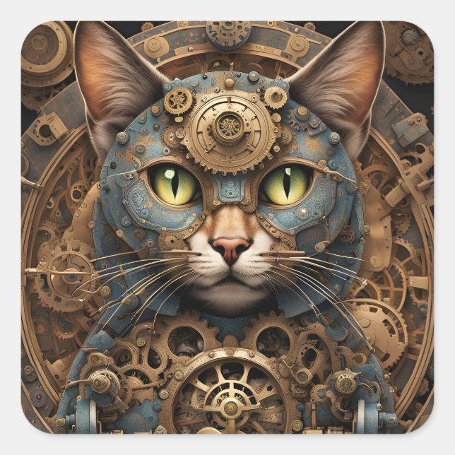 Blaue Steampunkkatze KI-Aufkleber Quadratischer Aufkleber (Vorderseite)