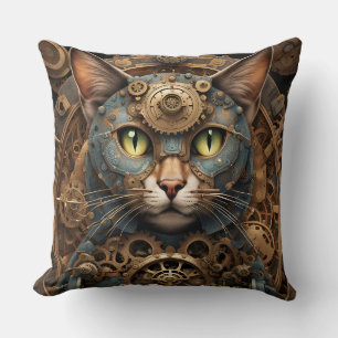 Blaue Steampunkkatze KI Kunstkissen Kissen