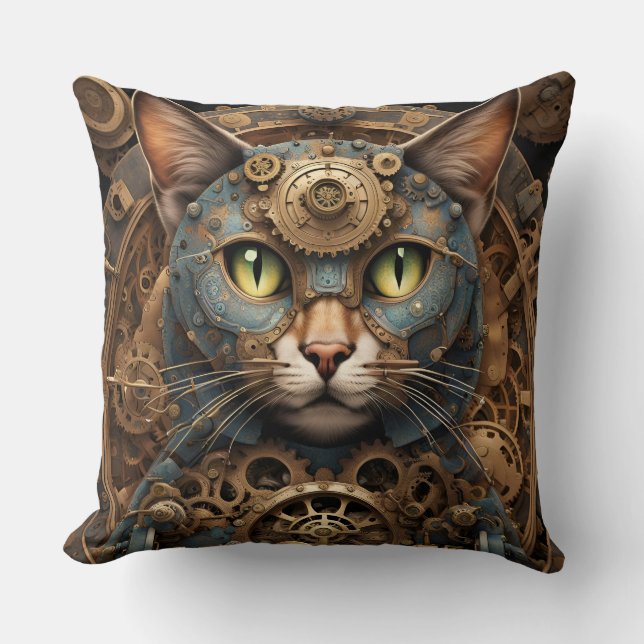 Blaue Steampunkkatze KI Kunstkissen Kissen (Vorderseite)