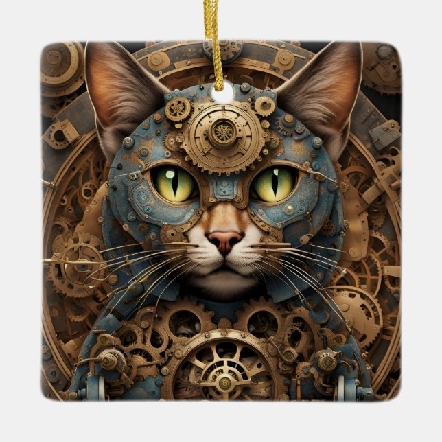 Blaue Steampunkkatze KI Kunstschmuck Keramikornament (Vorderseite)