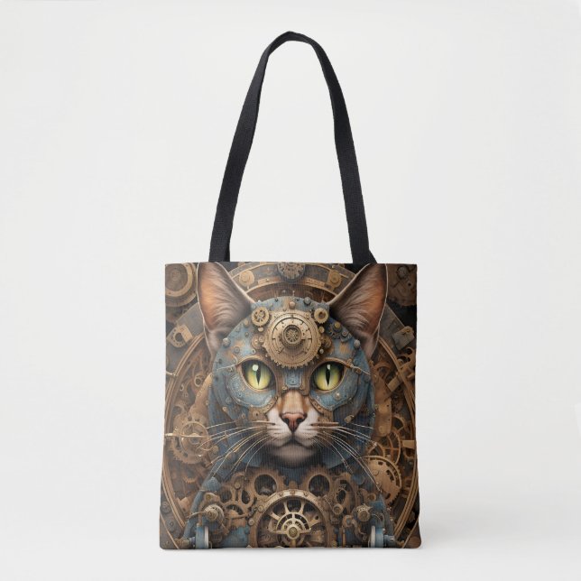 Blaue Steampunkkatze KI Kunsttote (Vorderseite)