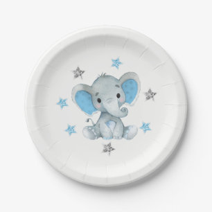 Blaue Sterne, Elephant Plate 4 Kinderdusche, Gebur Pappteller