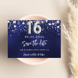Blaue Sterne Sweet 16 Save The Date<br><div class="desc">Ein modernes und elegantes Save the Date für einen süßen 16. Geburtstag. Ein marineblau mit silbernen Imitaten dekorierter Hintergrund. Personalisieren und fügen Sie Datum und Namen hinzu. Die blaue Farbe ist ungleichmäßig. Der Text: Save the Date ist mit einem großen angesagten,  handgeschriebenen Stilskript geschrieben.</div>