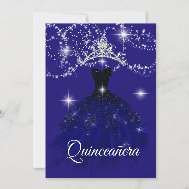 Blaue Sternennacht Sparkle Tiara Stars Quinceanera Einladung (Vorderseite)