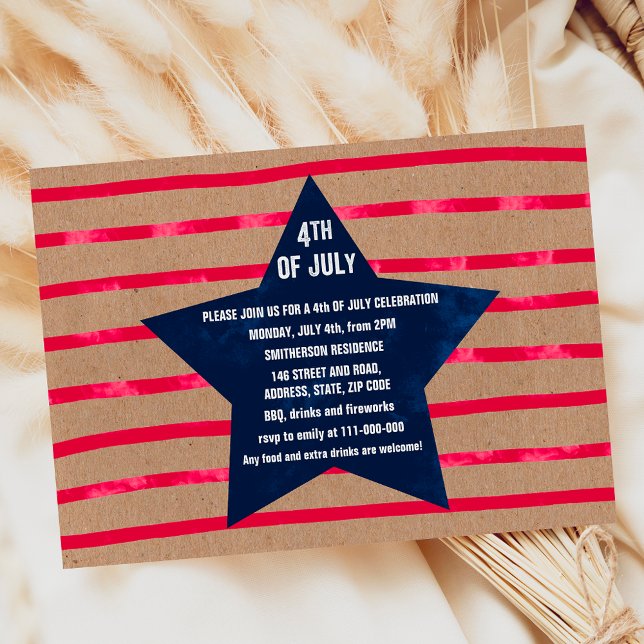 Blaue Sternstreifen am 4. Juli Einladung (Red blue watercolor star stripes 4th July kraft Invitation)