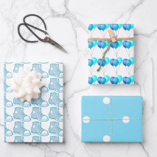 Blaue Stiefel und Ballons Geschenkpapier Set