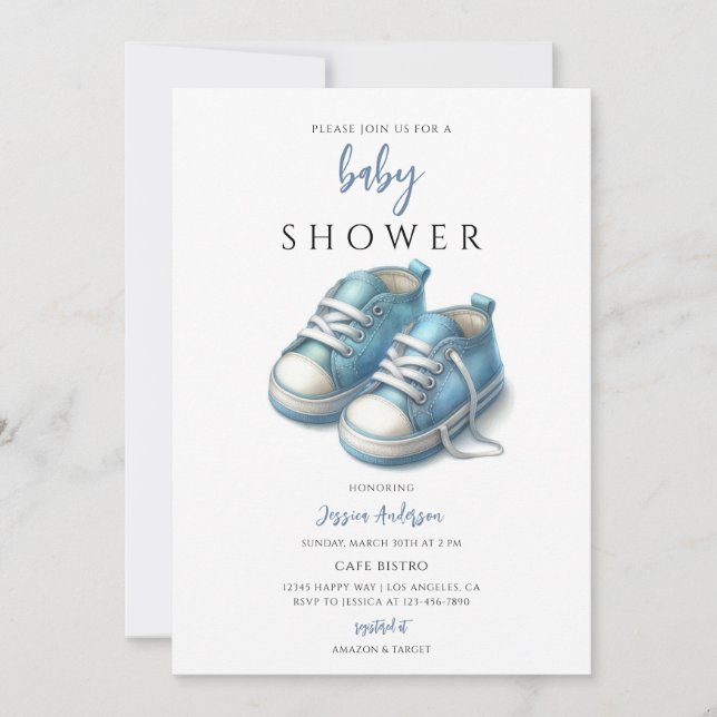 Blaue Stiefelchen-Baby-Party Einladung (Vorderseite)