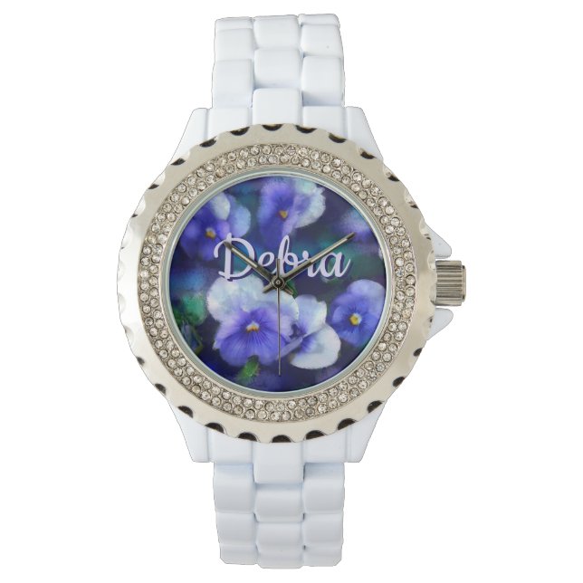 Blaue Stiefmütterchen Stiefmütterchen-Blume Floral Armbanduhr (Vorderseite)