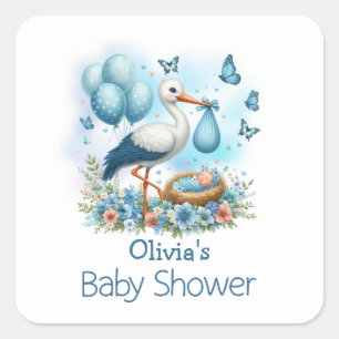 Blaue Storch Baby Junge Baby Shower Quadratischer Aufkleber