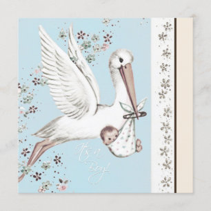 Blaue Storchen-Baby-Party im Vintage-Stil Einladung
