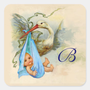 BLAUE STORK BABY SHOWM MONOGRAM QUADRATISCHER AUFKLEBER