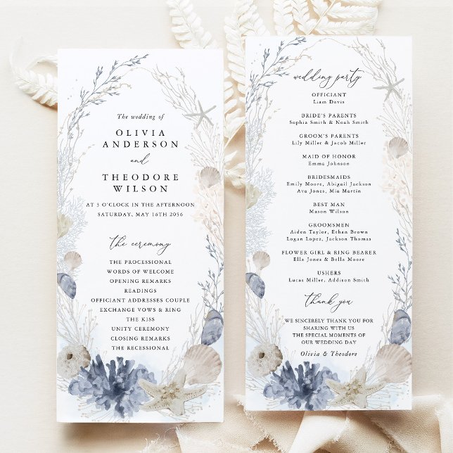 Blaue Strandhochzeitszeremonie am Meer mit Muschel Programm (Blue beach coastal wedding program ceremony timeline wedding party cards blue seashell stationery)