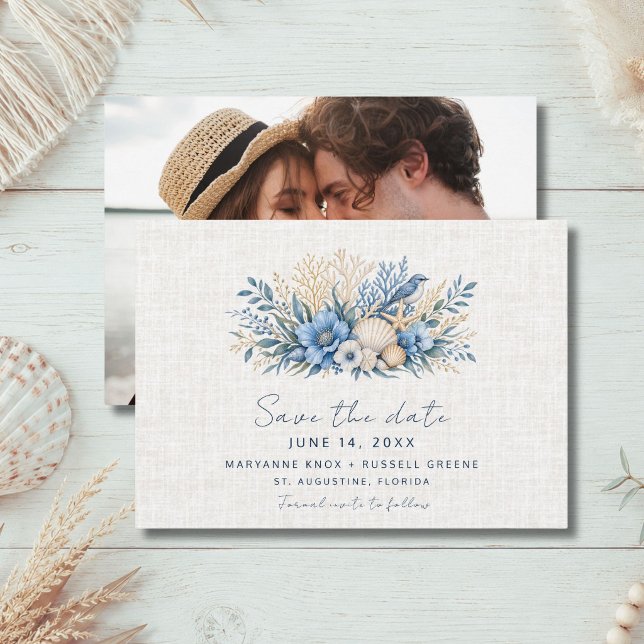 Blaue Strandidyll-Hochzeitsfoto Save the Date (Blue Coastal Beach Wedding Photo Save the Date)