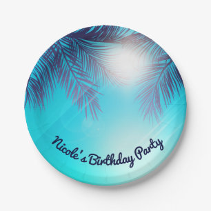 Blaue STRANDPARTY Sonnige Palmen Sommer Geburtstag Pappteller